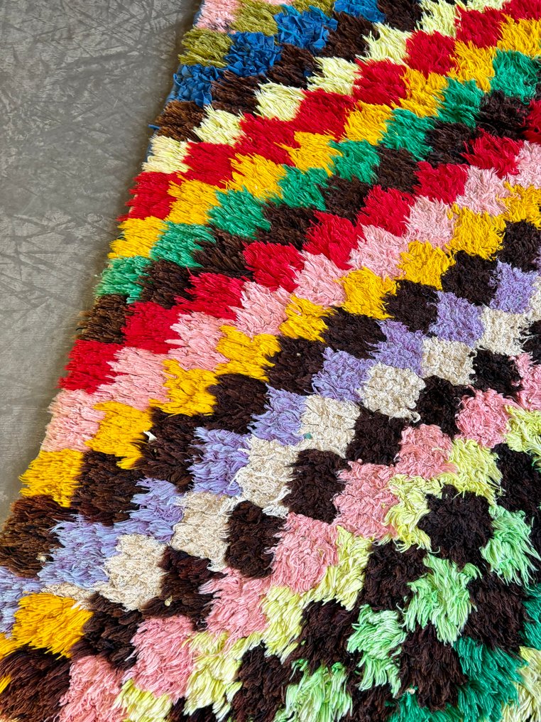 Ternet vintage marokkansk Boucherouite-tæppe – Farverigt geometrisk design – Gratis fragt - Tæppe - 170 cm - 90 cm - Håndvævet tæppe #4.3