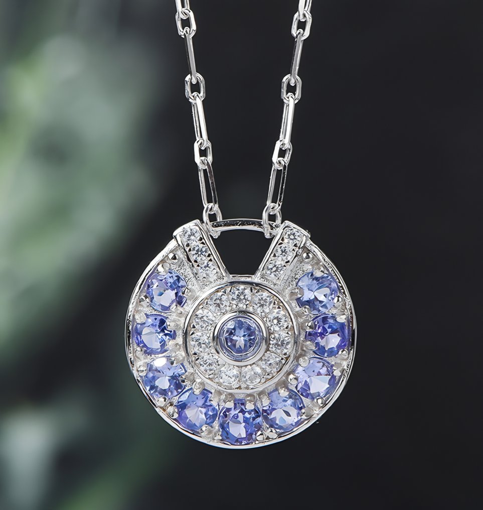 χωρίς τιμή ασφαλείας - Κολιέ με μενταγιόν - 18 καράτια Λευκός χρυσός, Ασημί - 1.08ct. tw. Τανζανίτης #1.0