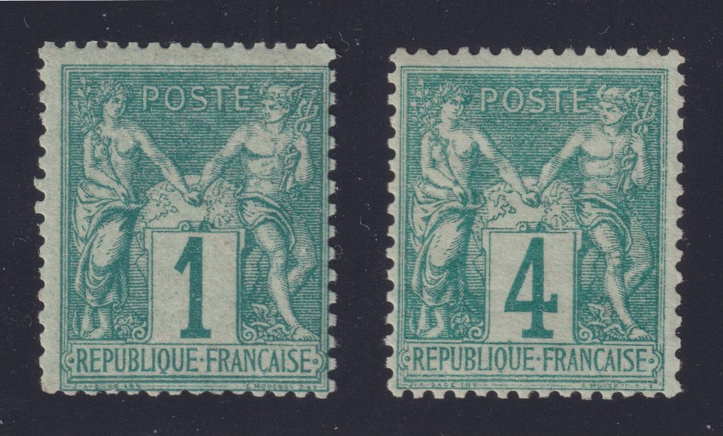 Frankrig 1876 - Vismænd "type I" nr. 61 og 63, perfekt stand, inklusive en signeret af Calves. Meget god - Yvert #1.0