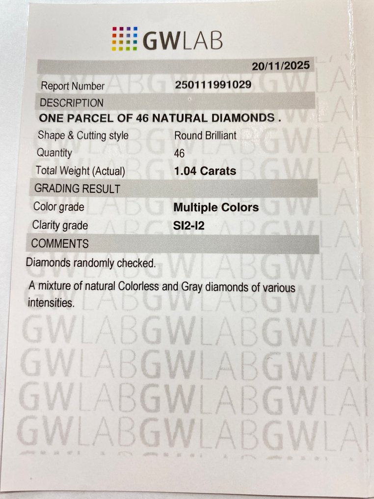 Utan reservationspris - 46 pcs Diamant  (Natural)  - 1.04 ct - Rund - SI2, I2 - Gemewizard Gemological Laboratory (GWLab) #3.2