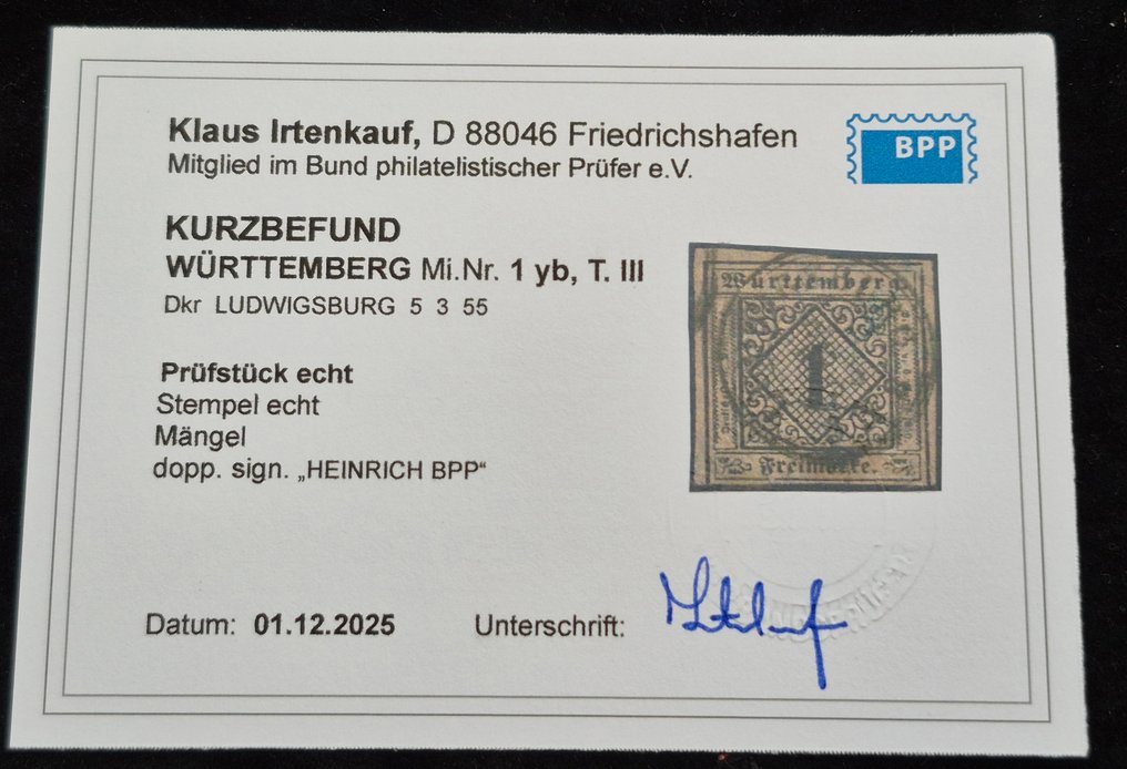 Württemberg 1855 - 1 Kreuzer Dkr. LUDWIGSBURG Short report Irtenkauf BPP - Michel 1yb, Typ III #2.1