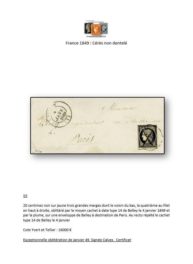 Frankrike 1849 - Svært sjeldent svart 20 øre frimerke med poststempel, datostempel type 14 fra 4. januar 49 + fjær. - Yvert et Tellier n°3 #2.1