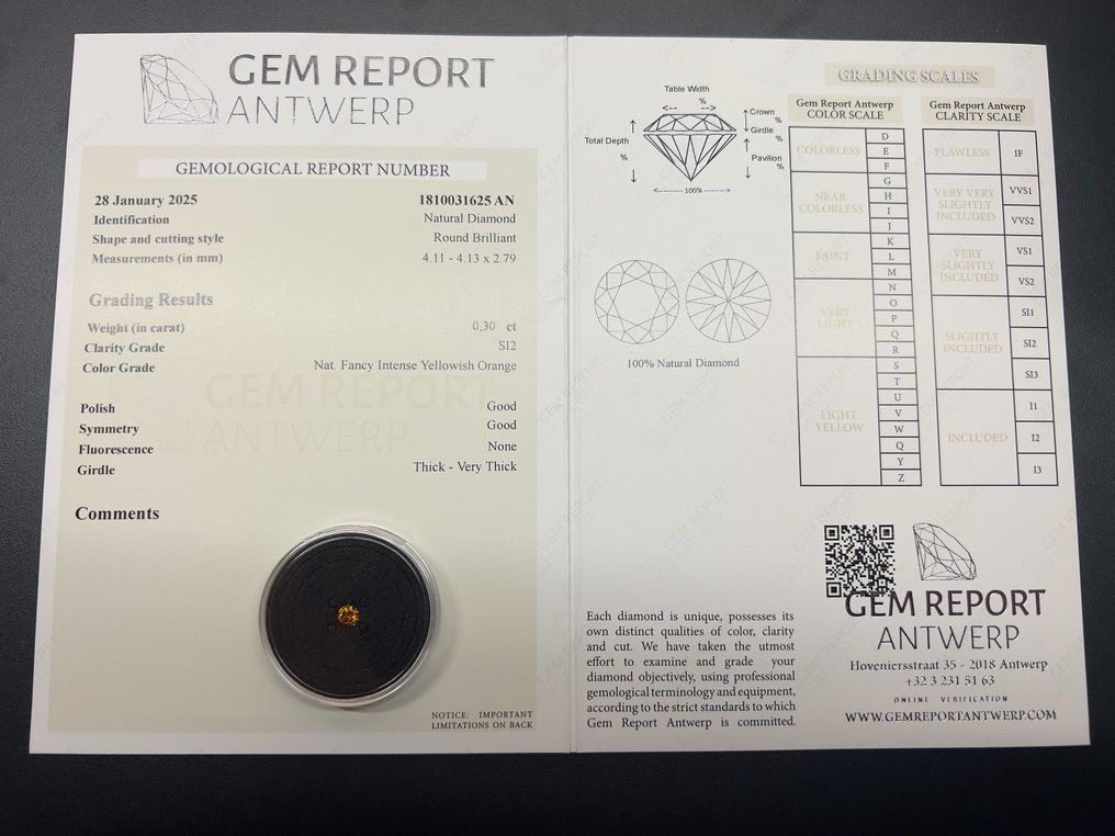 1 pcs 钻石 (天然色彩的) - 0.30 ct - 圆形 - Fancy intense 稍帶黄色的, 似橙色 橙色 - SI2 微内含二级 - 安特卫普宝石报告(GRA) #2.1
