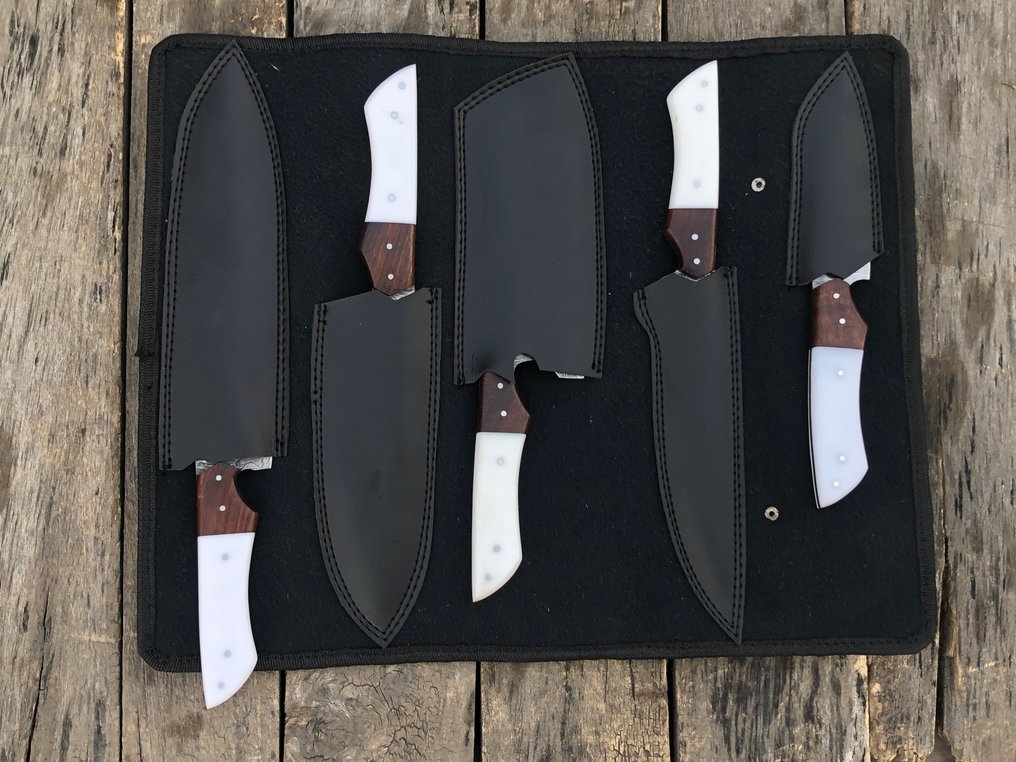 Couteau de cuisine - Ensemble de 5 couteaux de chef en acier forgé, collection d'objets de collection faits main, manche - Amérique du Nord - Leather Saya (Dr6) #3.2