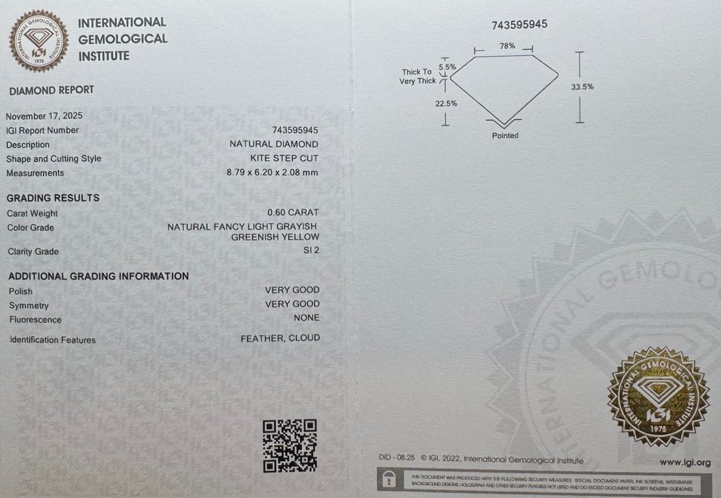 没有保留价 - 1 pcs 钻石 (天然色彩的) - 0.60 ct - 精美 - Fancy light 稍帶灰色的, 稍帶綠色的 黄色 - SI2 微内含二级 - 国际宝石研究院(IGI) #2.1