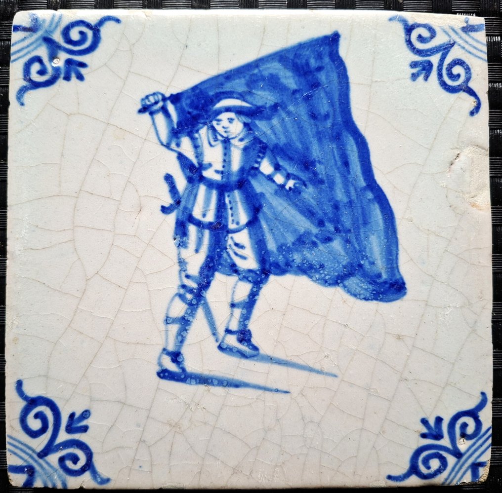  瓦 - 古董荷兰蓝瓷砖，带有挥旗者 - 1600-1650年  #2.1
