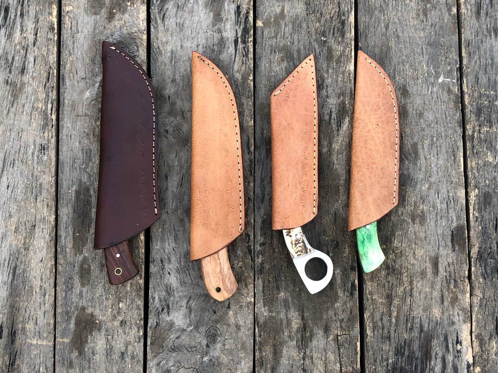 Køkkenkniv - Prestigefyldte håndlavede skinnersknive, smedet stål, hjortetak, træ og sjældent håndtag - Nordamerika - Læderskede TD1 #3.2