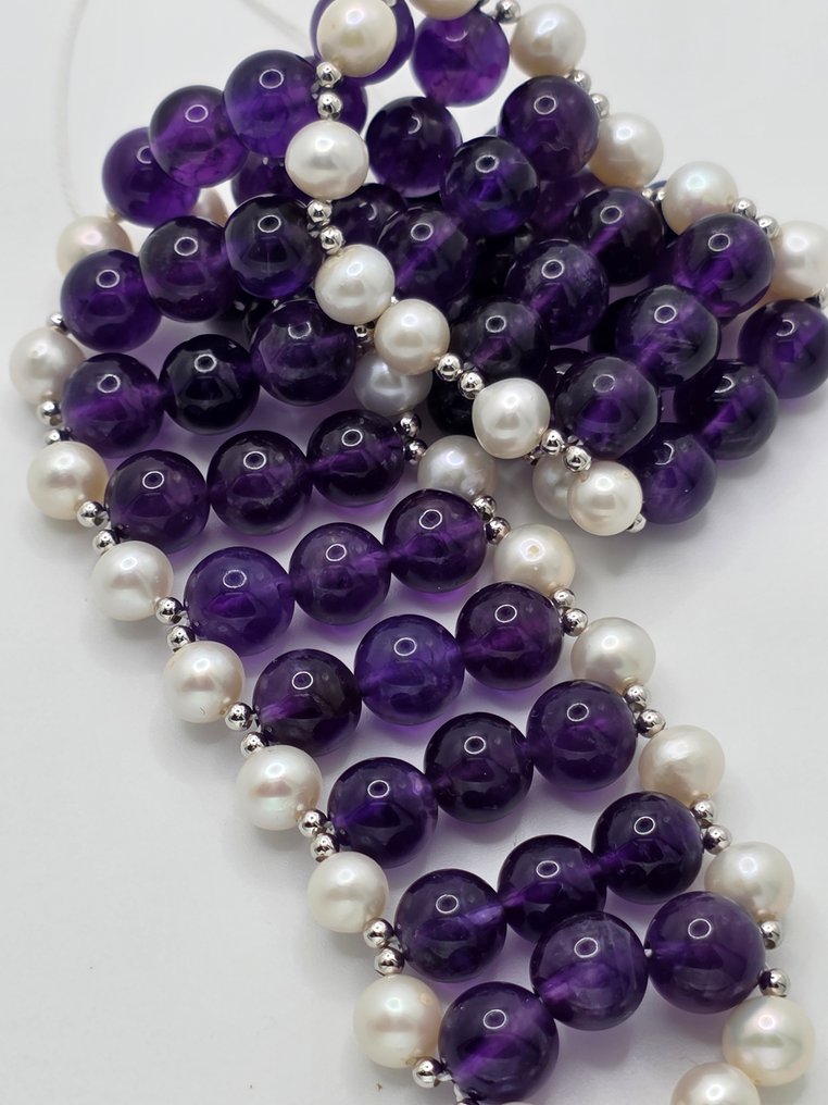 手镯 - 18K包金 白金 紫水晶 - 珍珠 #4.3