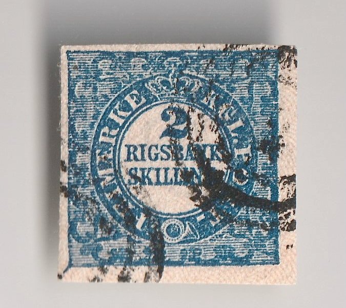 Î”Î±Î½Î¯Î± 1852 - Πιστοποιητικό Σήμα 2 Δαχτυλίδι τρύπας μπλε 3-δαχτυλιδι αριθμητικό σφράγισμα «1» - Πιστοποιητικό - - Michel 2II, Scott 1, Afa 2b Yvert N. 1 #1.0