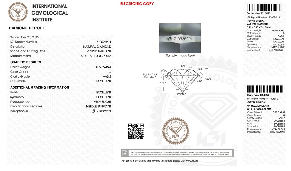 No Reserve Price - 1 pcs Diamond (Natural) - 0.55 ct - Round - G - VVS2 - International Gemological Institute (IGI) - *3EX VSL* #2.1