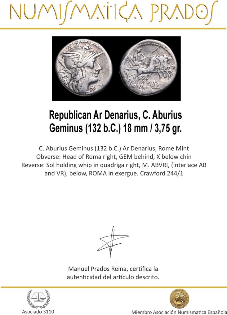 Ρωμαϊκή Δημοκρατία. C. Aburius Geminus (132 b.C.). Denarius Rome  (χωρίς τιμή ασφαλείας) #1.0