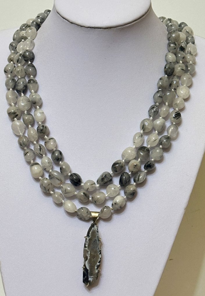 Cuarzo Rutilo și Agate Quartz Geode Druzy (51 x 15 mm) / 1115 ct / Calitate înaltă AAA - Colier - Cieștere din argint 925 #1.0