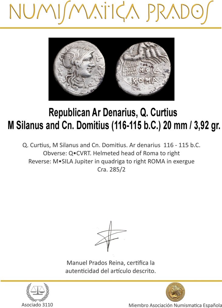 Ρωμαϊκή Δημοκρατία. Q. Curtius, M Silanus and Cn. Domitius, 116-115 BC. Denarius Rome  (χωρίς τιμή ασφαλείας) #1.0