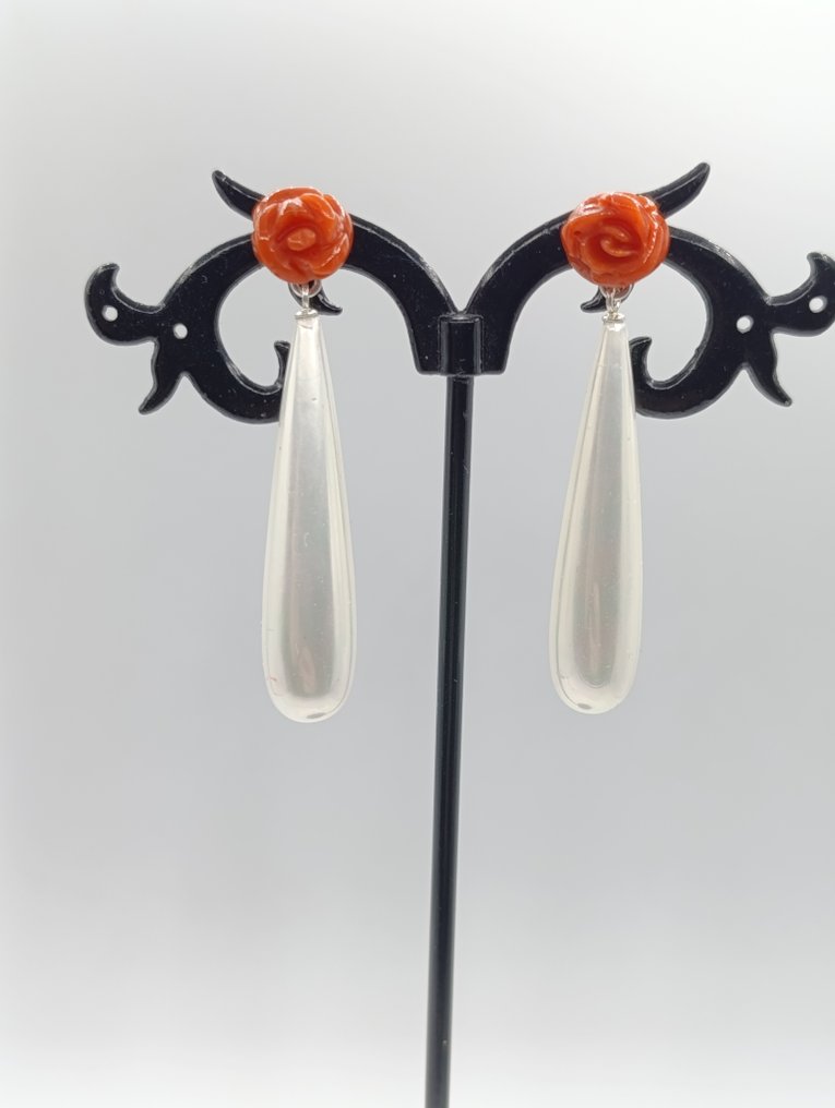 沒有保留價 - 耳環 銀, 撒丁岛的海洋珍珠与天然珊瑚 珊瑚 - 珍珠 - 撒丁岛珊瑚耳环 #1.0