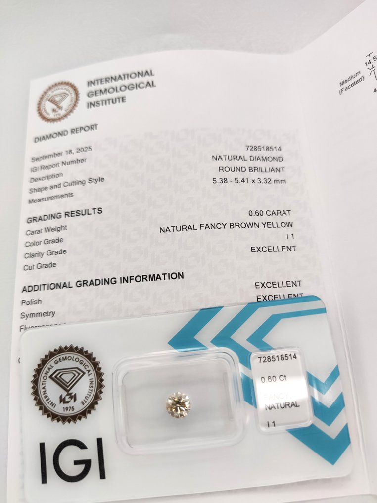 Fără preț de rezervă - 1 pcs Diamant (Colorat natural) - 0.60 ct - Rotund - Fancy Maro Galben - I1 - IGI (Institutul gemologic internațional) #3.2