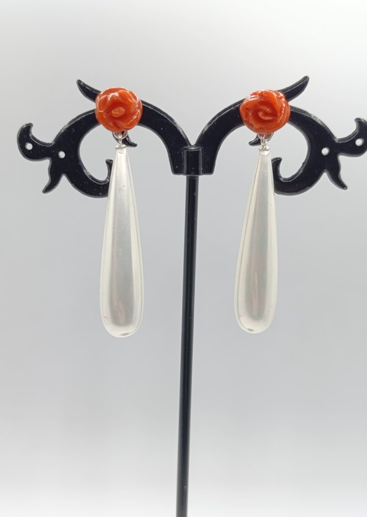 沒有保留價 - 耳環 銀, 撒丁岛的海洋珍珠与天然珊瑚 珊瑚 - 珍珠 - 撒丁岛珊瑚耳环 #1.0