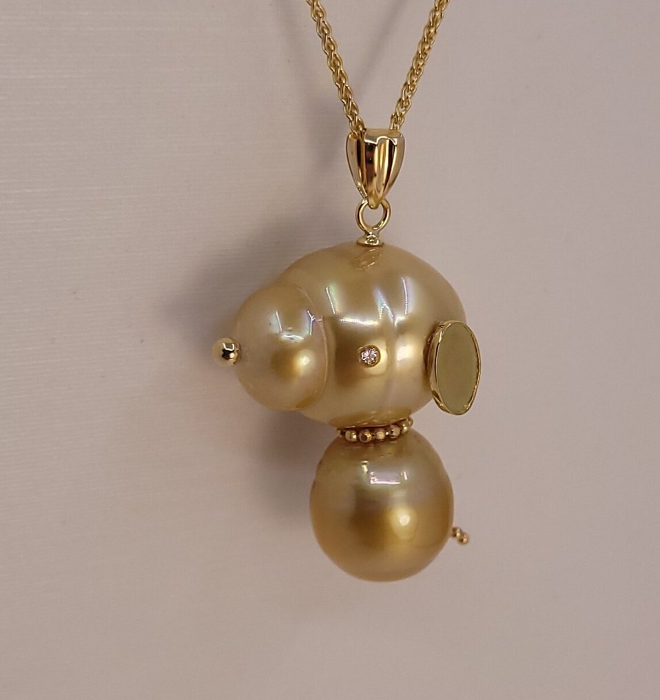 吊墜頸鏈 - 18 克拉 黃金, 深金南海珍珠 - 狗 #1.0