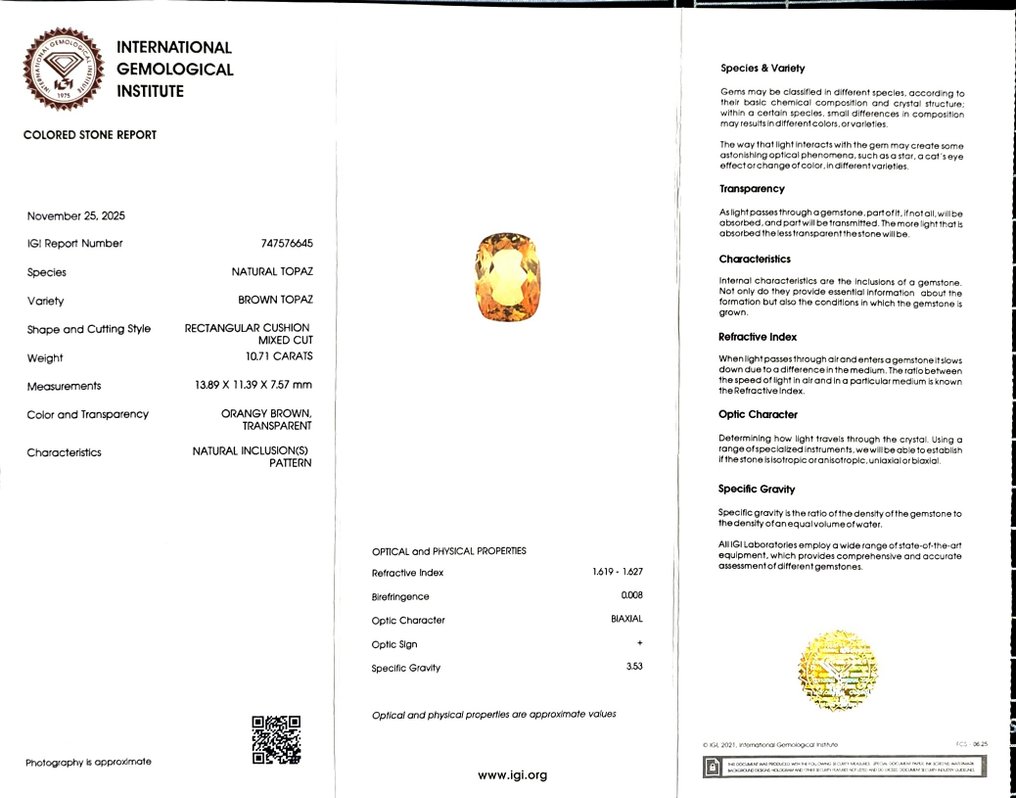 Nincs minimálár Narancssárga Topáz - 10.71 ct - Nemzetközi Gemmológiai Intézet (IGI) #2.1