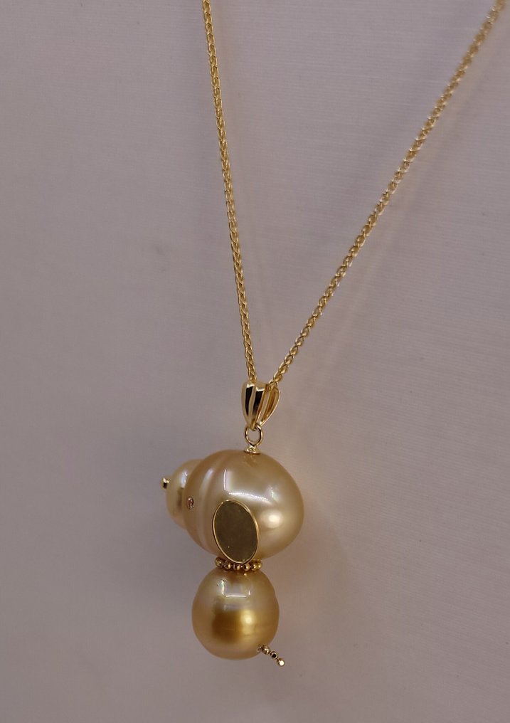 吊墜頸鏈 - 18 克拉 黃金, 深金南海珍珠 - 狗 #3.2
