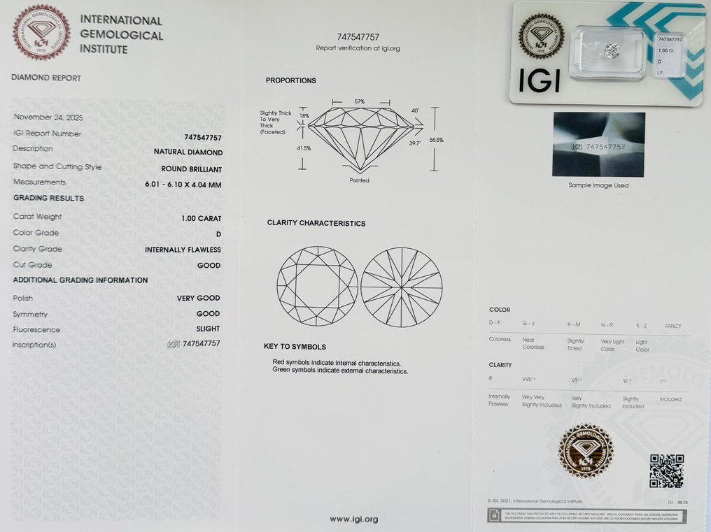 沒有保留價 - 1 pcs 鑽石 (天然) - 1.00 ct - 圓形 - D (無色) - IF - 國際寶石學院(International Gemological Institute (IGI)) #2.1