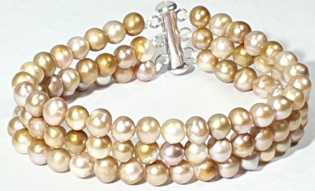 Αυθεντικές φυσικές μαργαριτάρια γλυκού νερού - 3 στροφές - σύμβολο της καθαρότητας - ασήμι 925 - Βραχιόλι #1.0