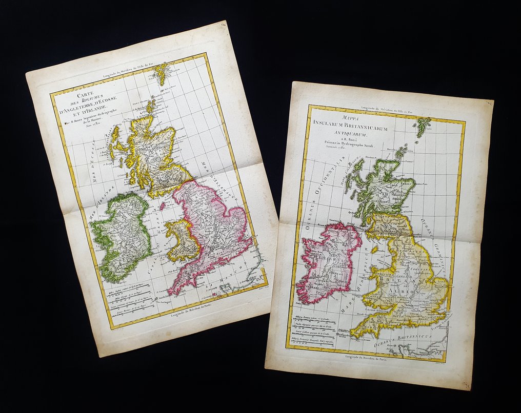 歐洲 - [一套两件] - 不列颠群岛 / 英国 / 英格兰 / 爱尔兰 / 伦敦 / 苏格兰 / 威尔士 / 英国; A. Grenet / R. Bonne - Carte des Royaumes d'Angleterre, d'Ecosse et d'Irlande / Mappa Insularum Britannicarum... - [LOT of - 1761-1780 #1.0