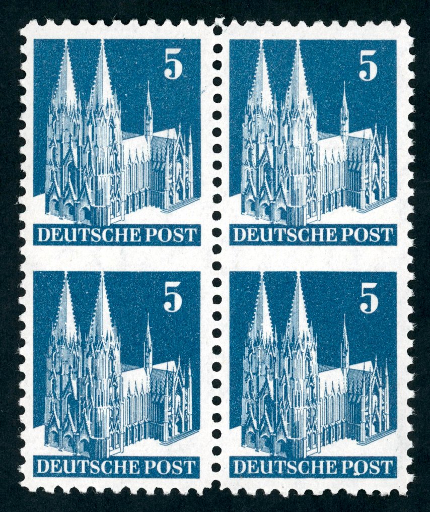 Allied Occupation - Germany (American and british zone) 1948 - Mint block of four 5 Pf Bauten stamps, center unperforated. - Mi.Nr. 75 wg #1.0