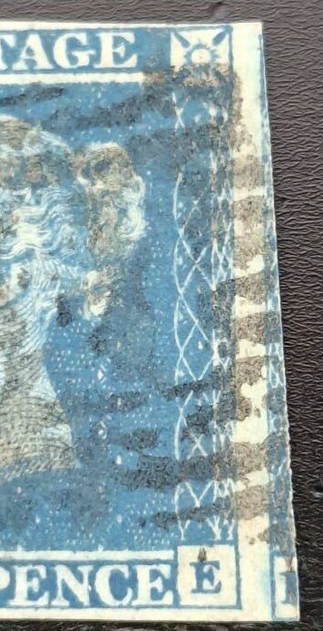 大不列顛 1841 - 维多利亚女王 - 2D 蓝色,底板4。边缘4及邻近部分。象牙色头像。 - Stanley Gibbons. 13-15 #3.2