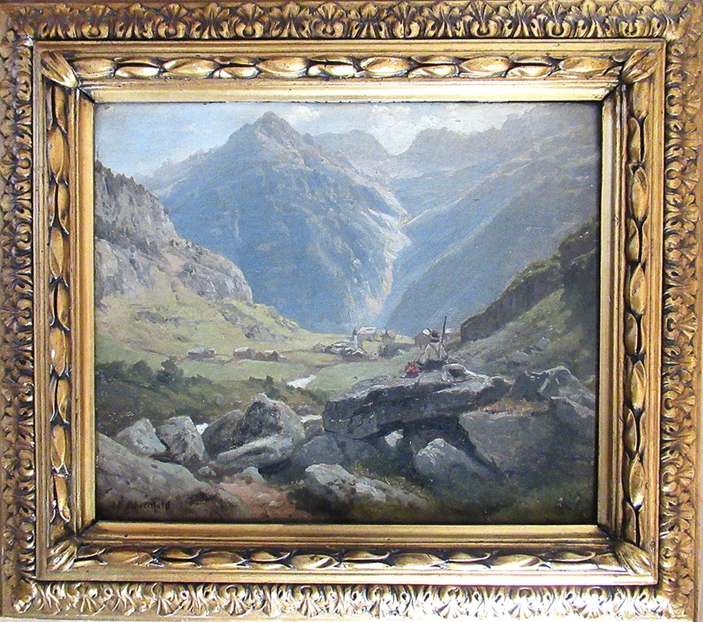 Eduard Schönfeld (1839-1885) - Alpine Gebirgslandschaft mit einem Wanderer sitzend auf einem Felsen - NO RESERVE #4.3