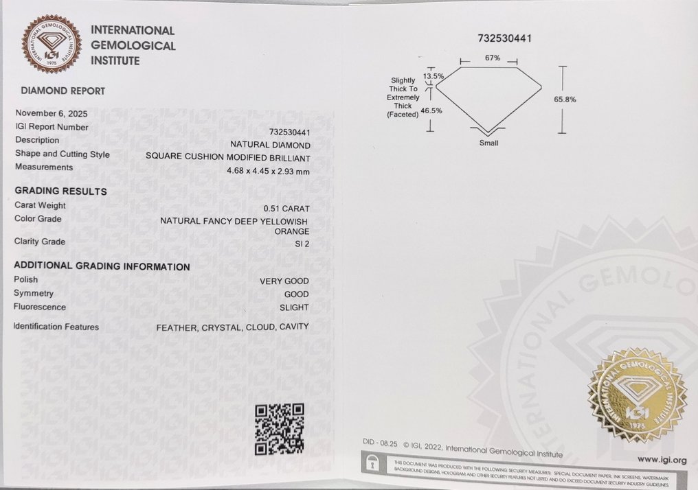 Ei pohjahintaa - 1 pcs Timantti  (Luonnonvärinen)  - 0.51 ct - Cushion (pyöristetty neliö) - Fancy deep Kellertävä Oranssi - SI2 - Kansainvälinen gemologinen instituutti (IGI) #4.3