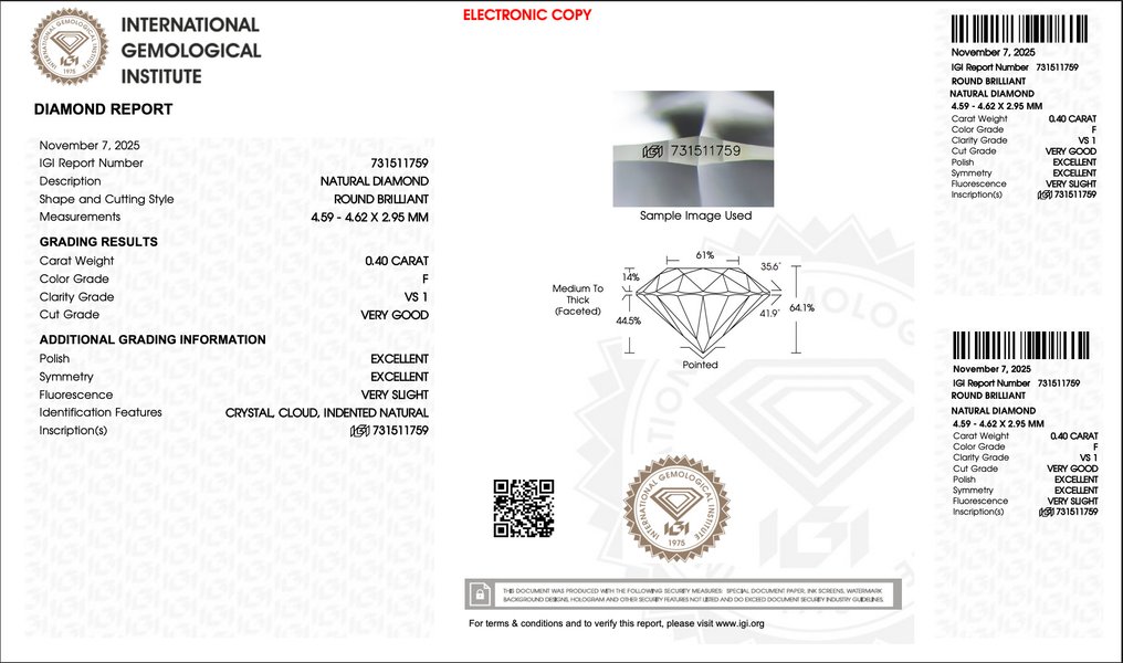 1 pcs 钻石  (天然)  - 0.40 ct - 圆形 - F - VS1 轻微内含一级 - 国际宝石研究院（IGI） - 免运费 #4.3