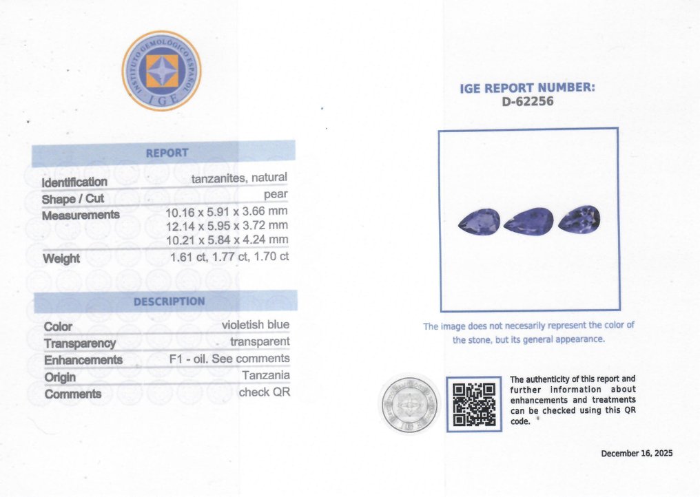 3 pcs 蓝色 坦桑石 - 5.08 ct - 西班牙宝石学院(IGE) #2.1