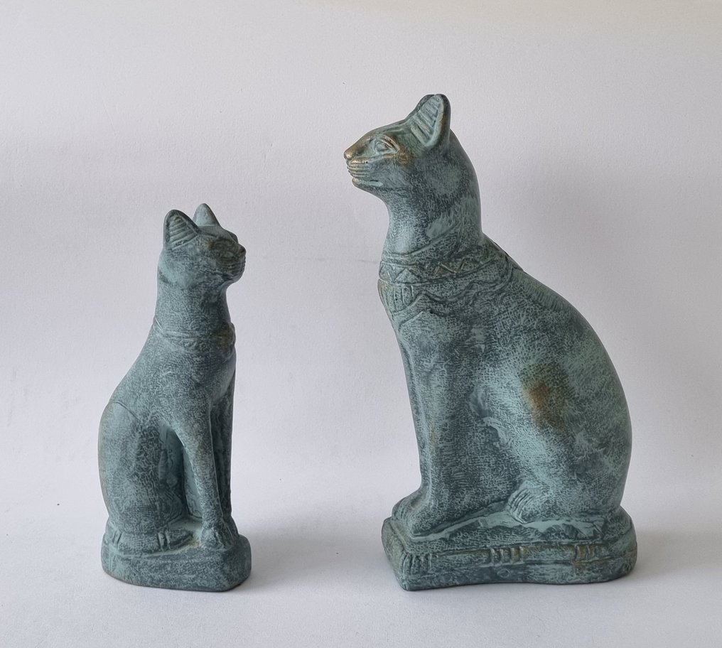 Statue, 2 Bastet Katten - 28 cm - Gips #1.0