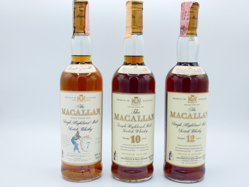 Macallan 7 years old , 10 years old (1980s) & 12 years old  - b. 1990er Jahre, 1980er Jahre - 75 cl - 3 flaschen #1.0
