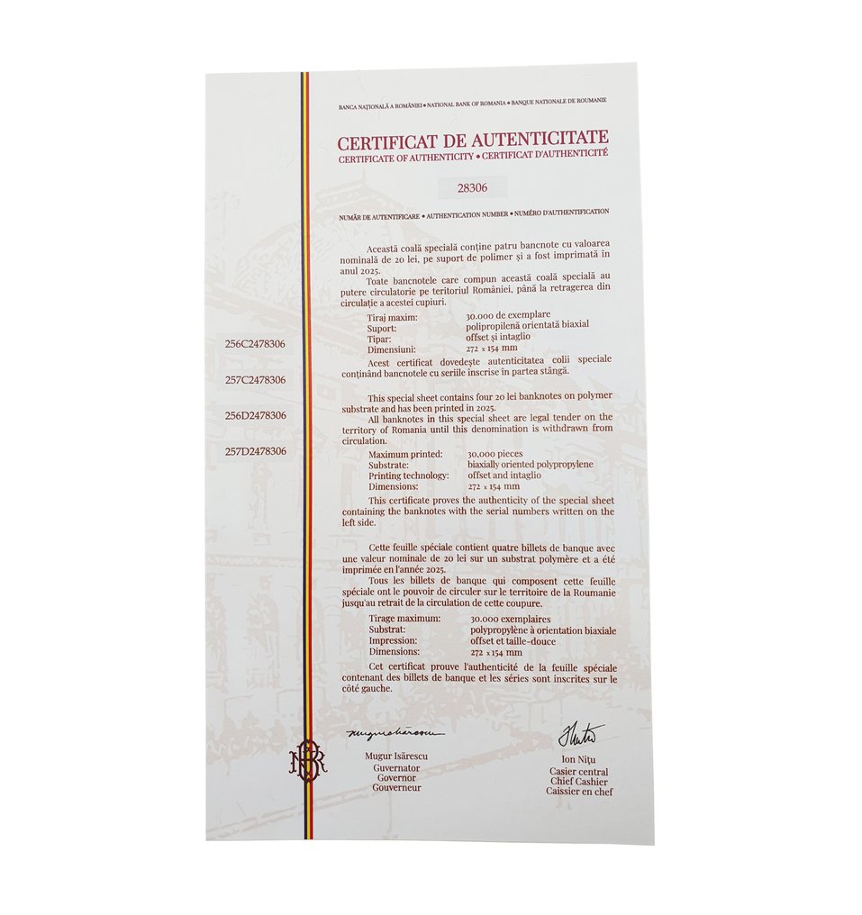 Ρουμανία. - 4 x 20 Lei - 2025 - Sheet of 4 - Pick 119Ac1 (χωρίς τιμή ασφαλείας) #3.2