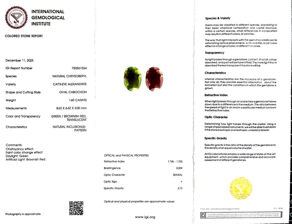 没有保留价 紫翠玉, 猫眼石／金绿宝石  - 1.60 ct - 国际宝石研究院（IGI） - ColorChang Alex Cat's Eye #2.1