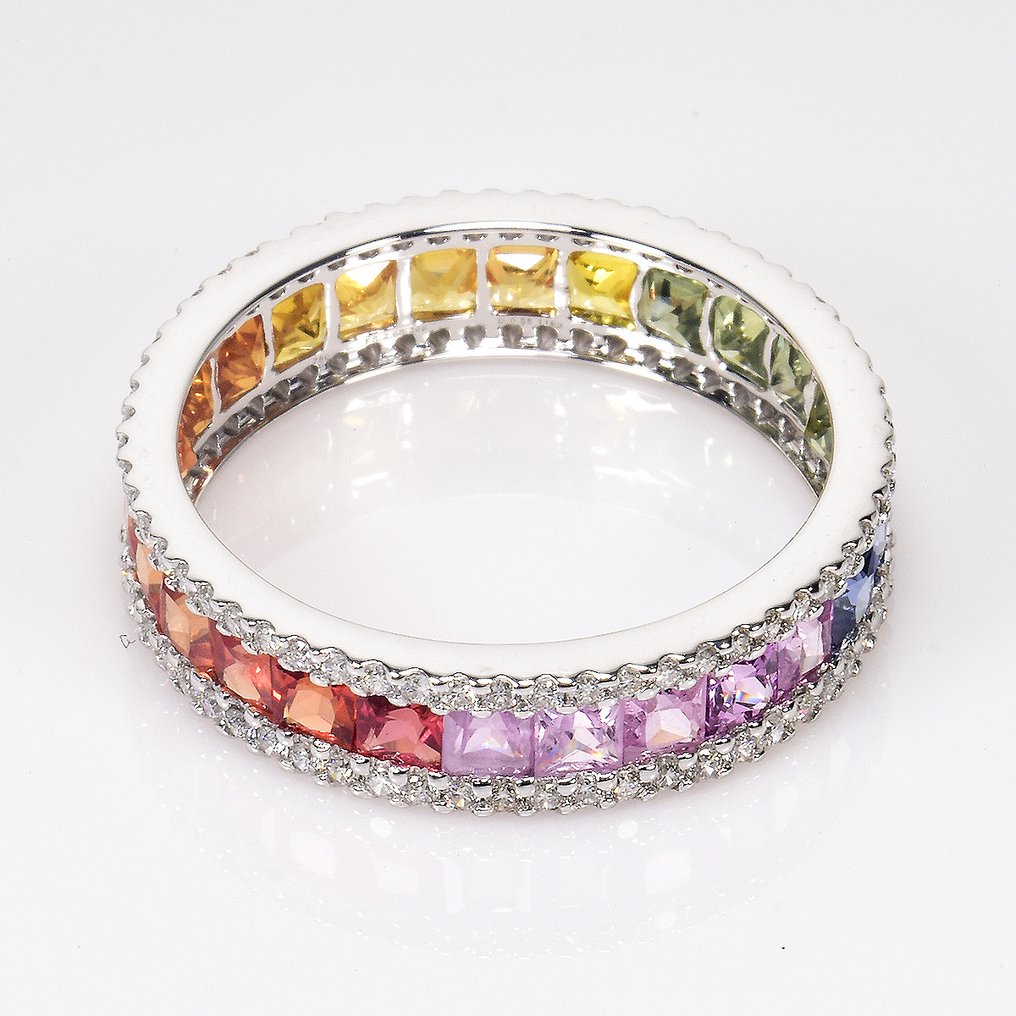 戒指 - 18K包金 白金 -  3.24ct. tw. 蓝宝石 - 钻石 - GFCO 证书 #1.0