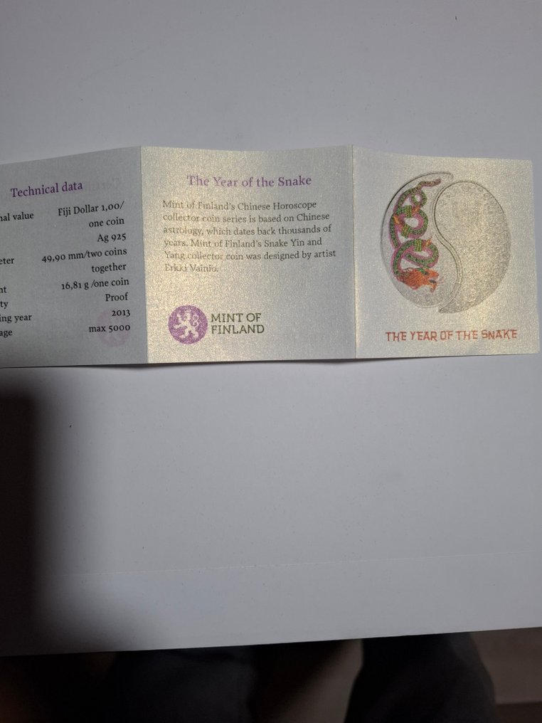 Fiji. 1 Dollar 2013 Yin and Yang, year of the Snake Proof Colored 2X16,81 g  (No reserve price) #4.3