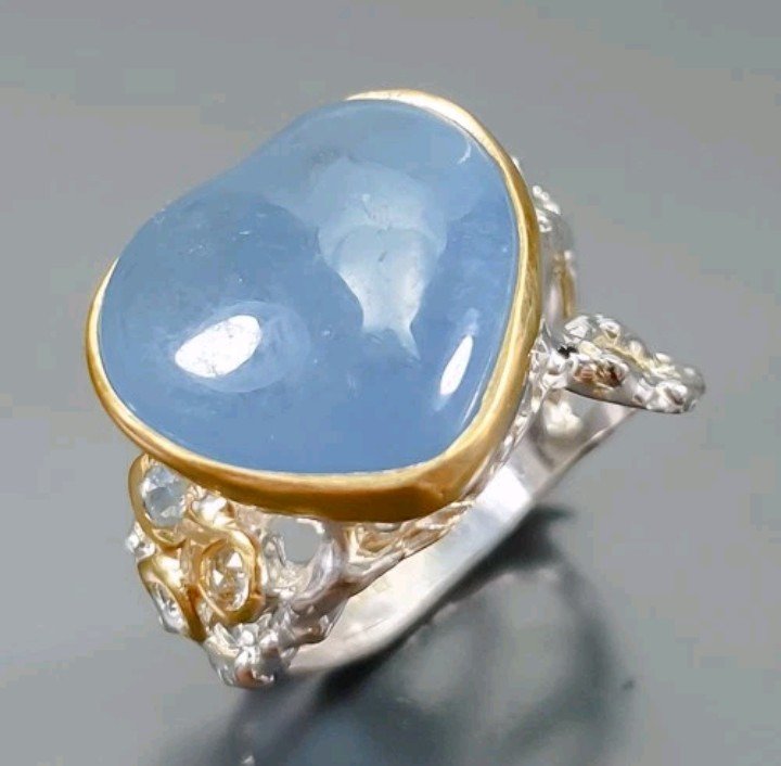 χωρίς τιμή ασφαλείας - Δαχτυλίδι Argento 925, Επιχρυσωμένο - Γεμά Naturale Ακουαμαρίν #1.0