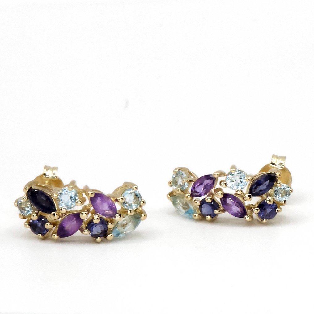Sans prix de réserve - Boucles d'oreilles - 9 carats Or jaune, Aigue-marine naturelle et améthyste - Groupe de cocktails de mariage #2.1