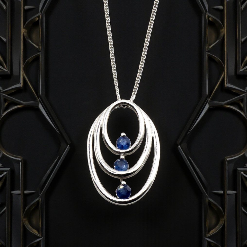 银, 925纯银与蓝宝石 - 吊坠项链 - Art Deco 几何 #1.0