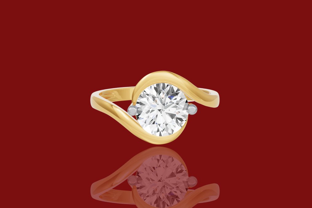 Ring - 14 karat Gull -  2.10ct. tw. Diamant (Lab-dyrket) #1.0