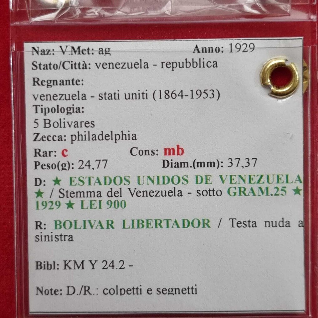 Βενεζουέλα. 5 Bolivares 1929. Philadelphia. Barre  (χωρίς τιμή ασφαλείας) #2.1