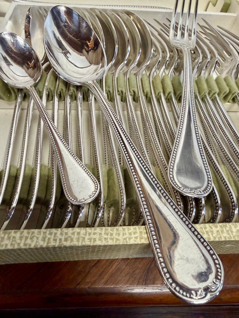 GUILDE des Orfèvres Français - Eugène MILLET - 12人用餐具套装 (37) - “Perles”型号。巴黎风格 - 镀银, 镀银-100 #1.0