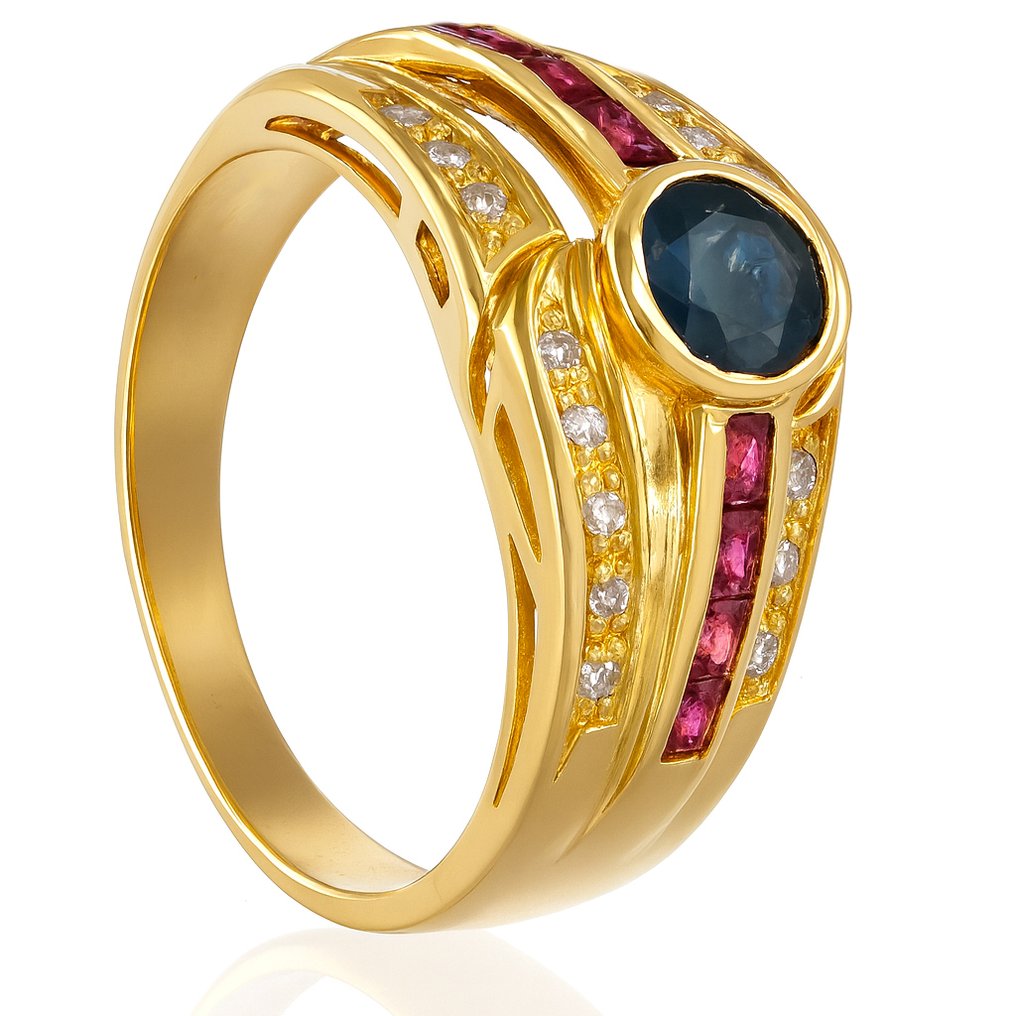 Δαχτυλίδι - 18 καράτια Κίτρινο χρυσό, Ζαφίρι - Ρουμπίνι - Διαμάντια - - 0.63ct. tw. #1.0