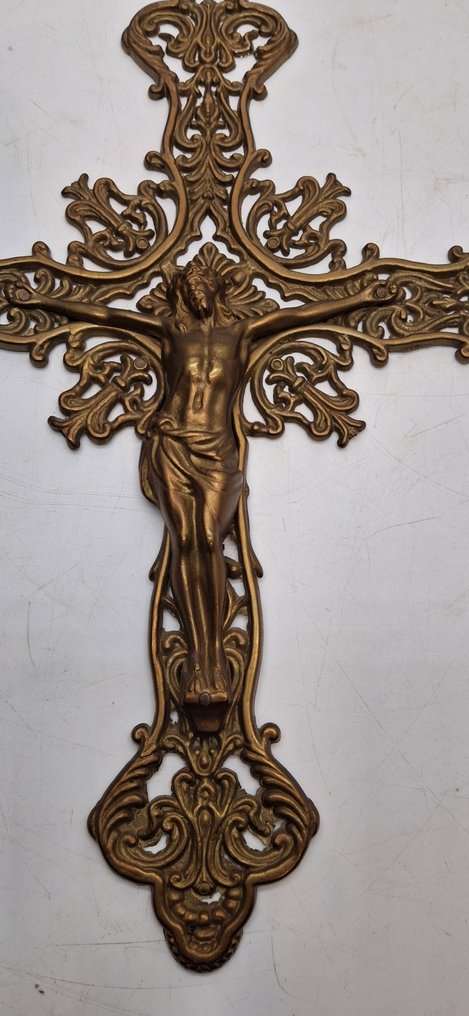  Cruce - Bronz aurit - 1940-1950 - Crucifix antic - 38 cm  #3.2
