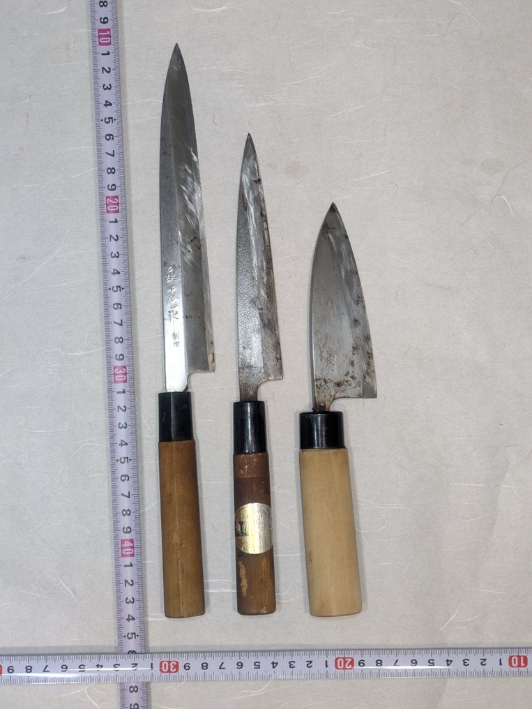厨刀 - Kitchen knife set - 铁, 木 - 日本 - 传统铭入和柳刃、小出刃刀三件套 #1.0