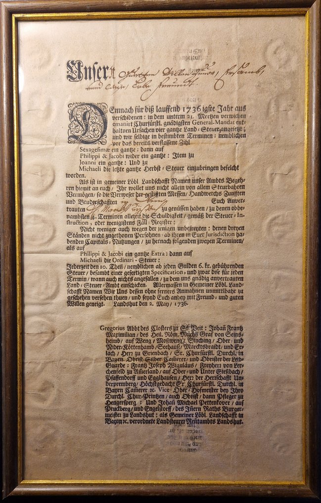 Bayerischer - Außerordentliche Steuerurkunde, Bayern (Landshut), - 1736 #1.0