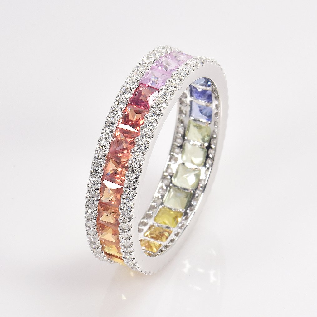 戒指 - 18K包金 白金 -  3.24ct. tw. 蓝宝石 - 钻石 - GFCO 证书 #1.0