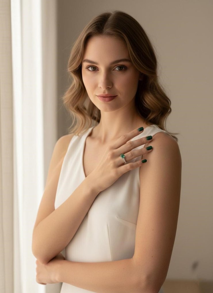 Sans prix de réserve - Bague - 18 carats Or jaune, Argent -  1.55ct. tw. Émeraude - Diamant #1.0